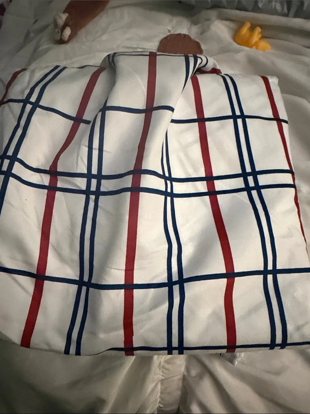 White Plaid twin sheet set with Red and Navy stripes